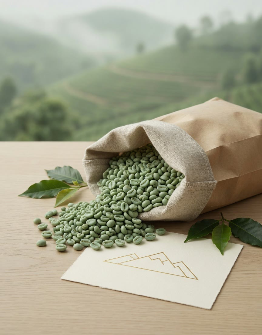 Linen and kraft sack of pale green unroasted coffee beans with a mountain mark card.