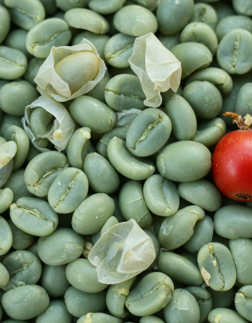 Macro photograph of raw green coffee beans with a red cherry at the edge.