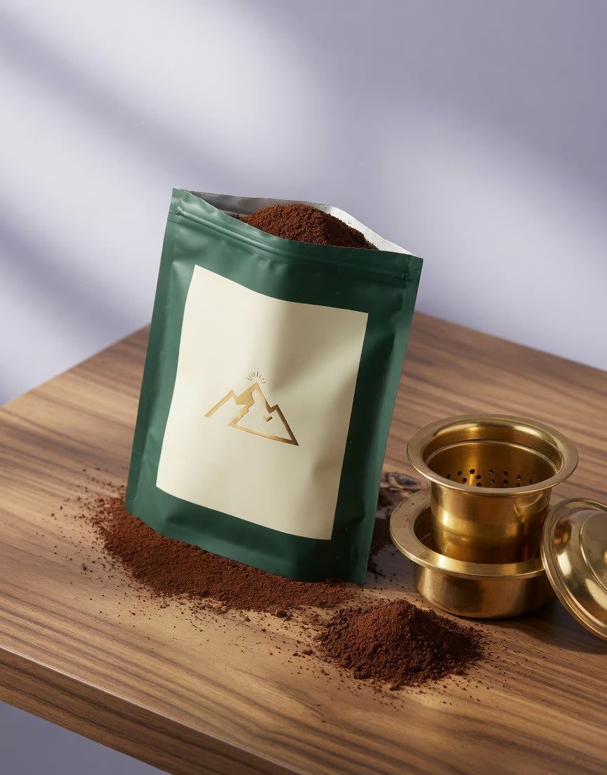 Open green pouch of ground filter coffee beside a brass South Indian filter.