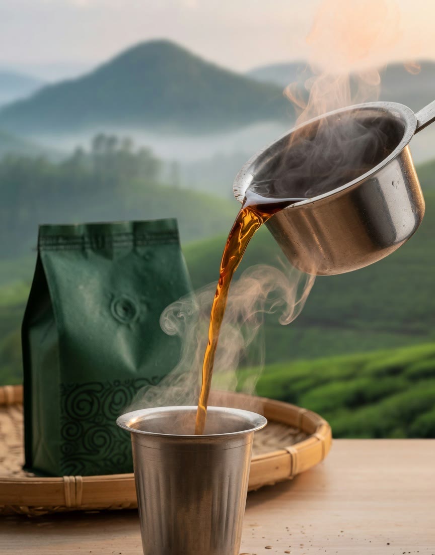 South Indian filter coffee poured between a steel tumbler and davara.