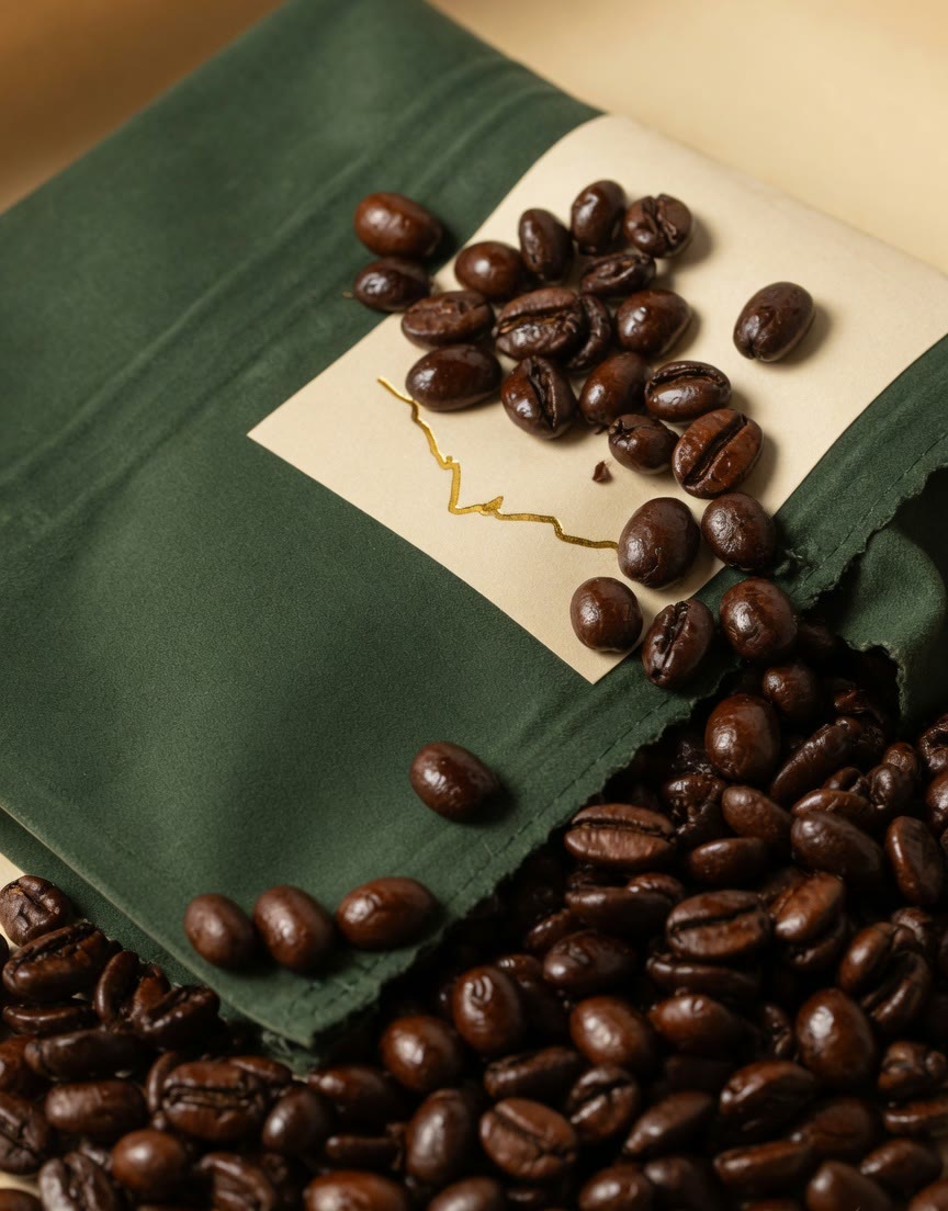 Close-up of glossy roasted coffee beans spilling from a green pouch.