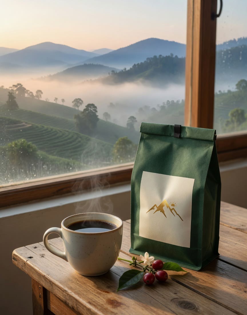 Ceramic cup of black coffee beside a green NorthEast Coffee pouch in morning light.