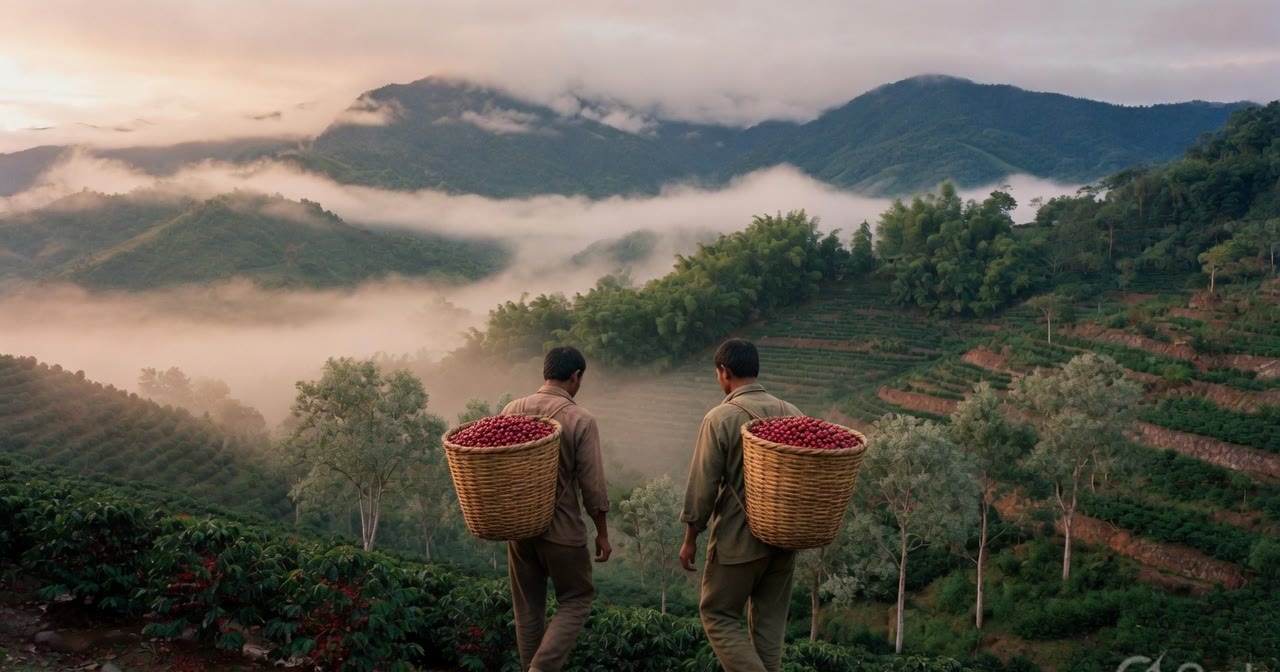 Two adult farmers walking through misty Northeast India coffee terraces at dawn, carrying baskets of ripe red cherries.